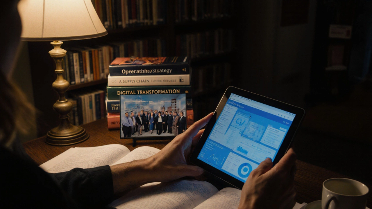 A manufacturing manager studying AI supply chain data at night with books and coffee.