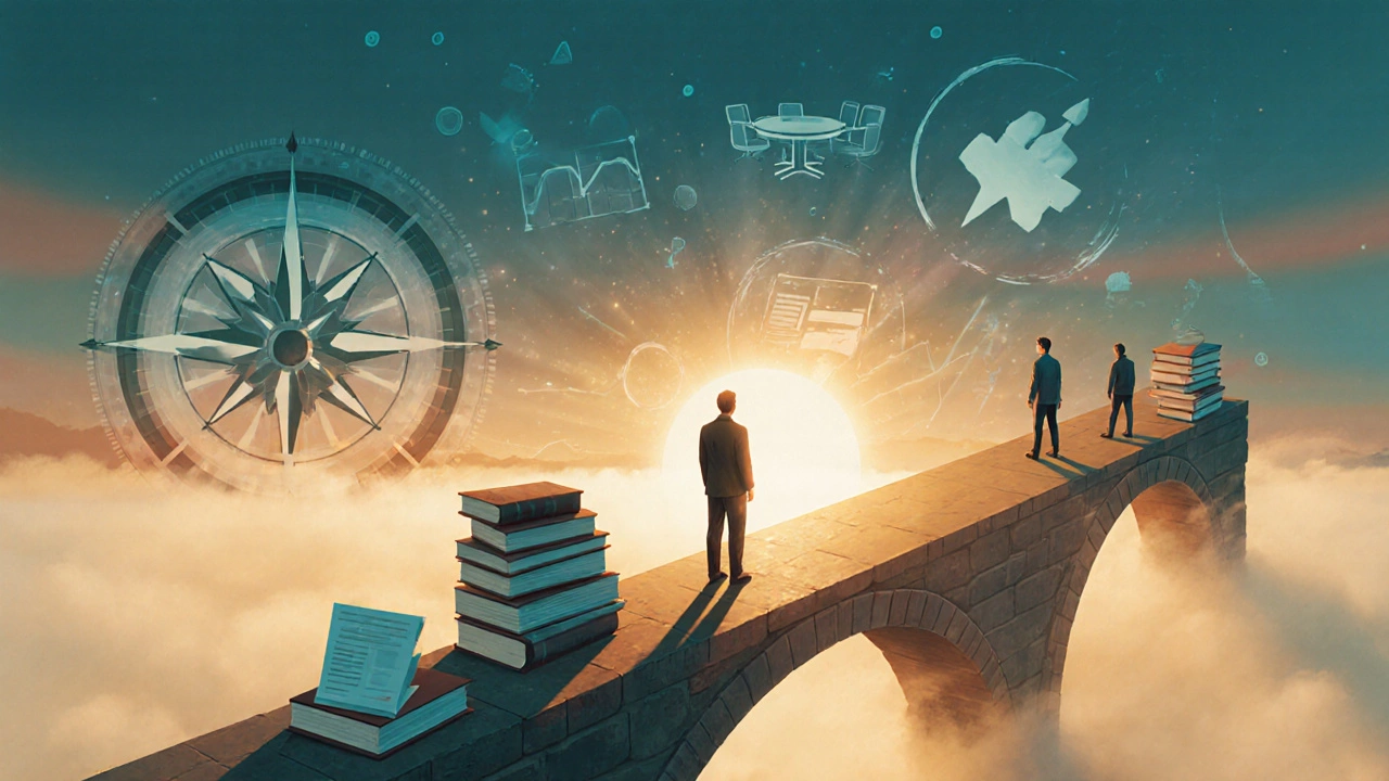 A person at 50 standing on a bridge of books, facing a horizon of leadership opportunities.