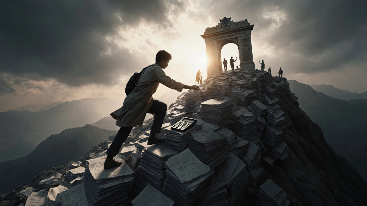 A student climbs a mountain of exam papers toward a glowing IIT gate, symbolizing the elite 1‑2%.