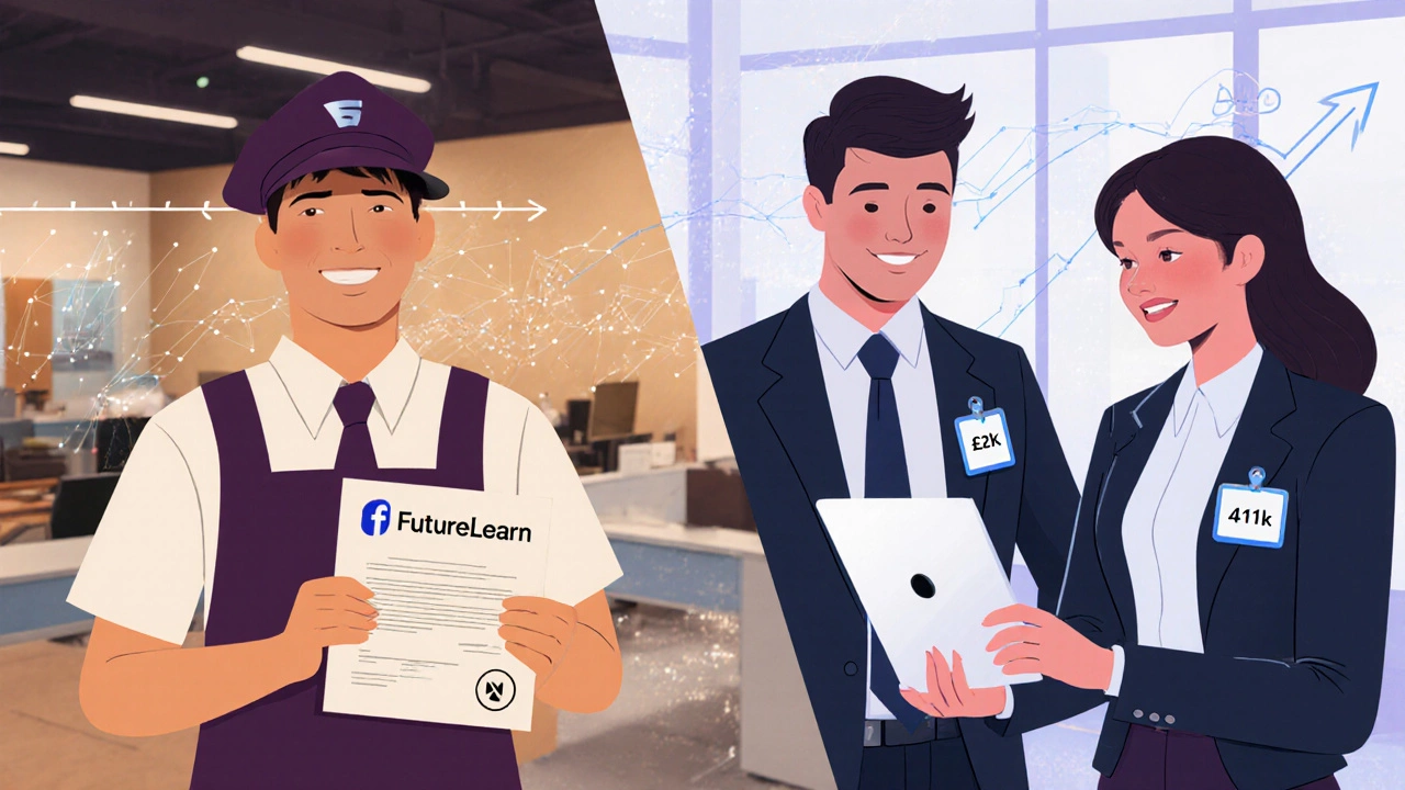 Before and after image of a career changer from retail to cybersecurity role with salary growth timeline.