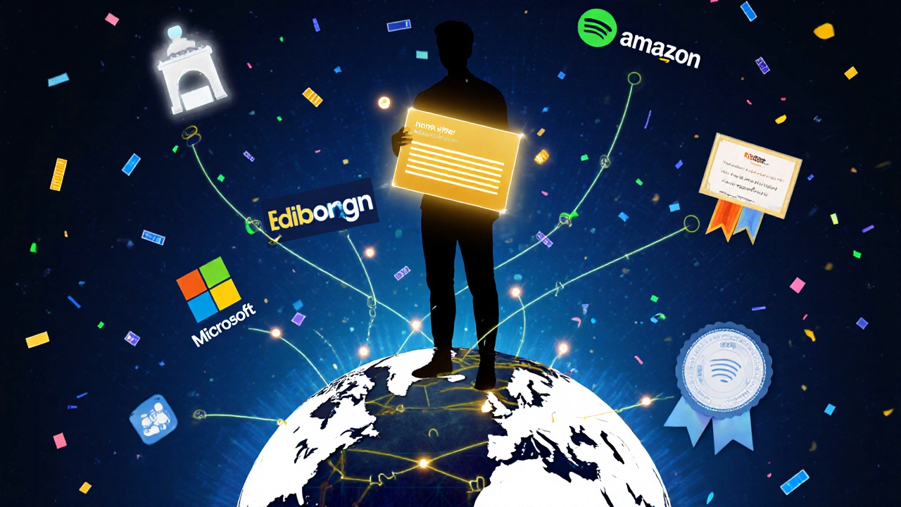 Collage of coder standing on a globe with job offer email, code snippets, and tech company logos.