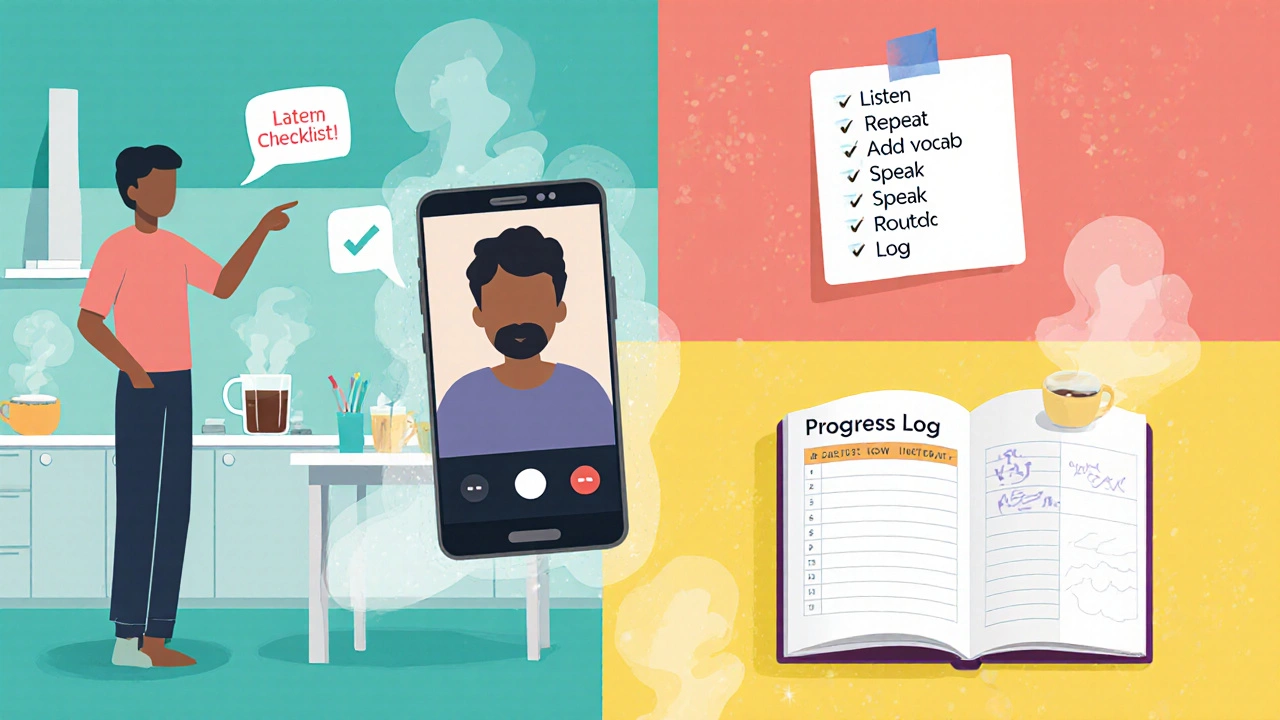 Collage of self‑study tools: video call, cooking narration, progress log.