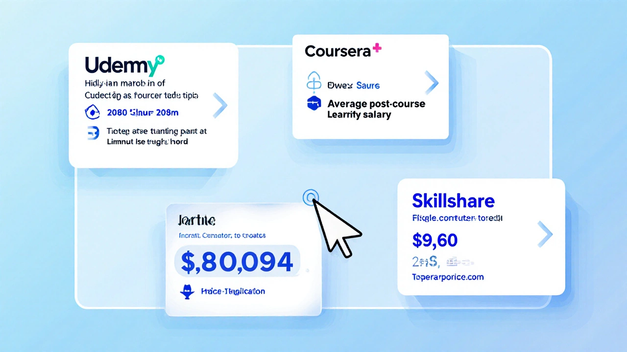 Comparison board showing five course platform cards with salary and price info.