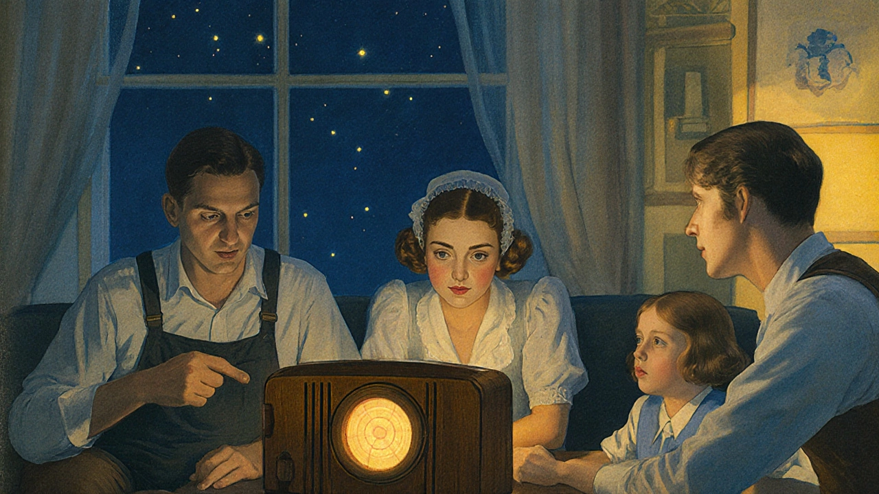 Family listening to a 1930s BBC radio education broadcast at home.