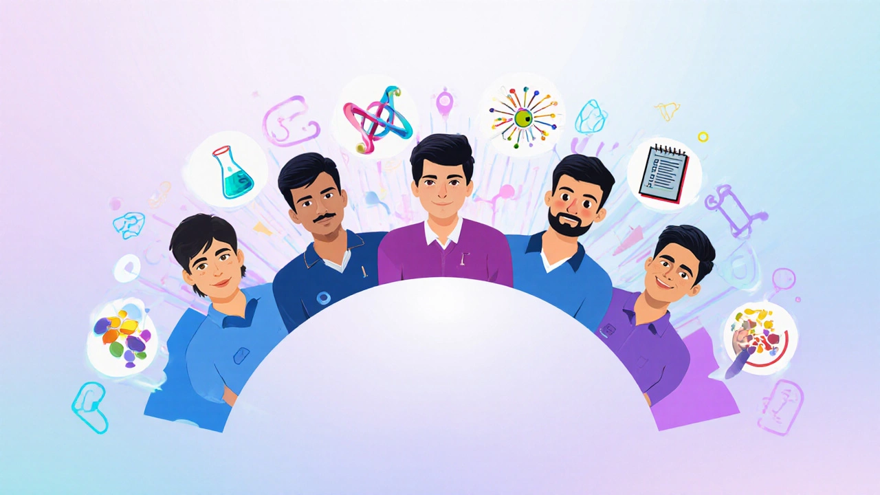 Five teacher avatars with icons for biology, chemistry, physics, and platforms.