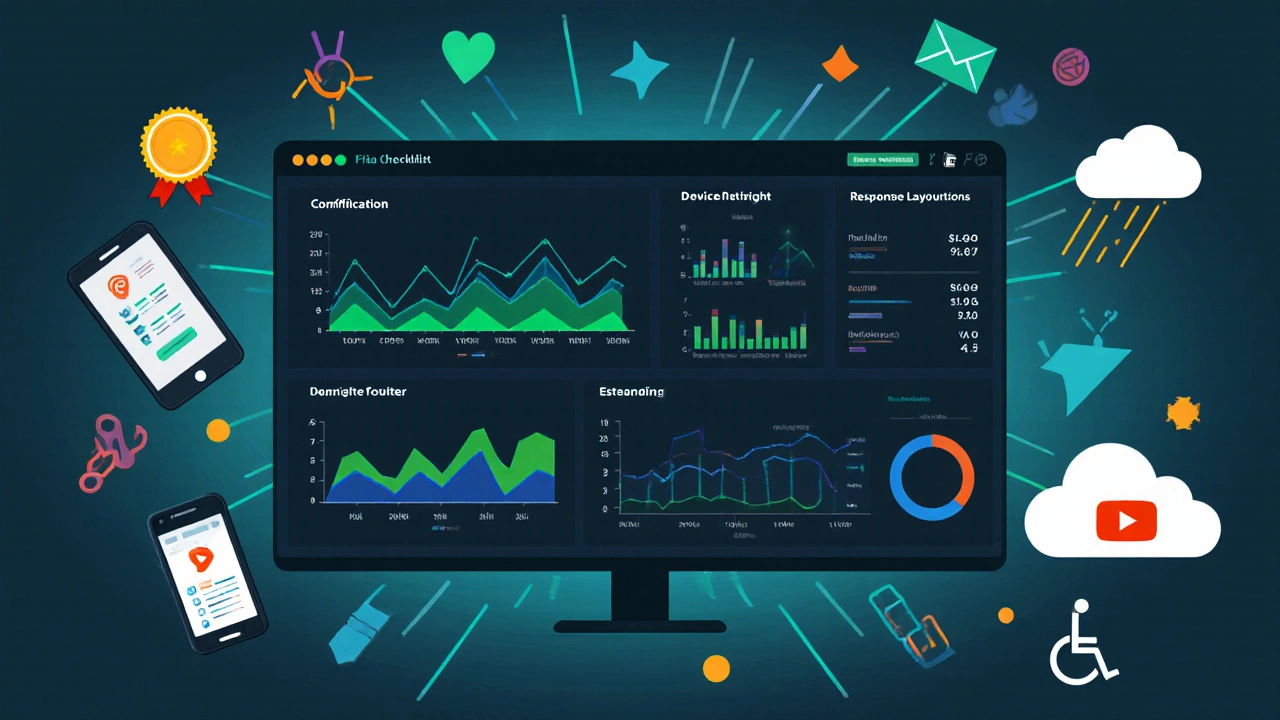 Flat‑design dashboard showing analytics graphs with icons for badges, mobile, accessibility, and video streaming.