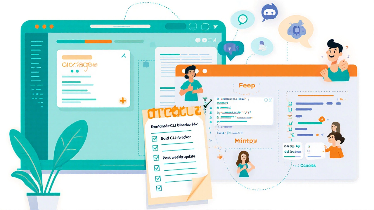 Flat‑design image of a coding progress bar, community chat, mentor feedback, and milestone checklist.