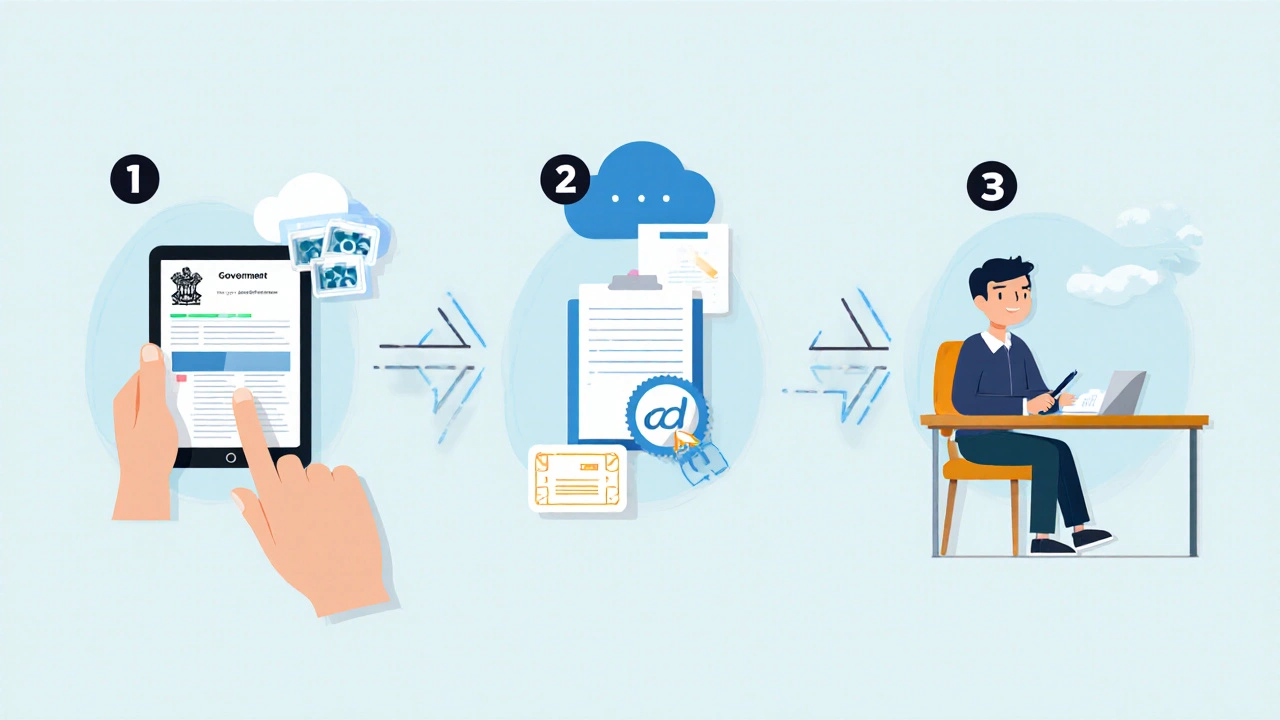Flat illustration of steps: website, upload documents, pay fee, email confirmation, exam.