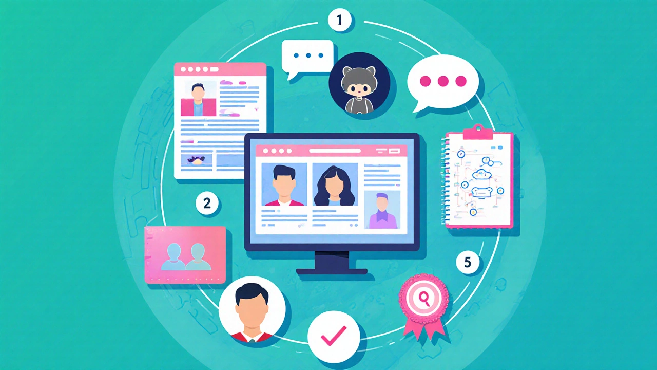 Flat illustration showing portfolio website, GitHub, networking call, interview prep, LinkedIn, and certification icons.