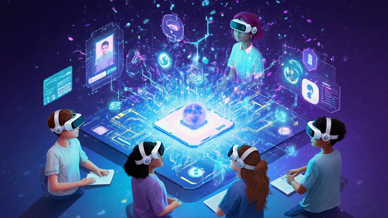 Futuristic virtual classroom with AI, holograms, and AR headsets.