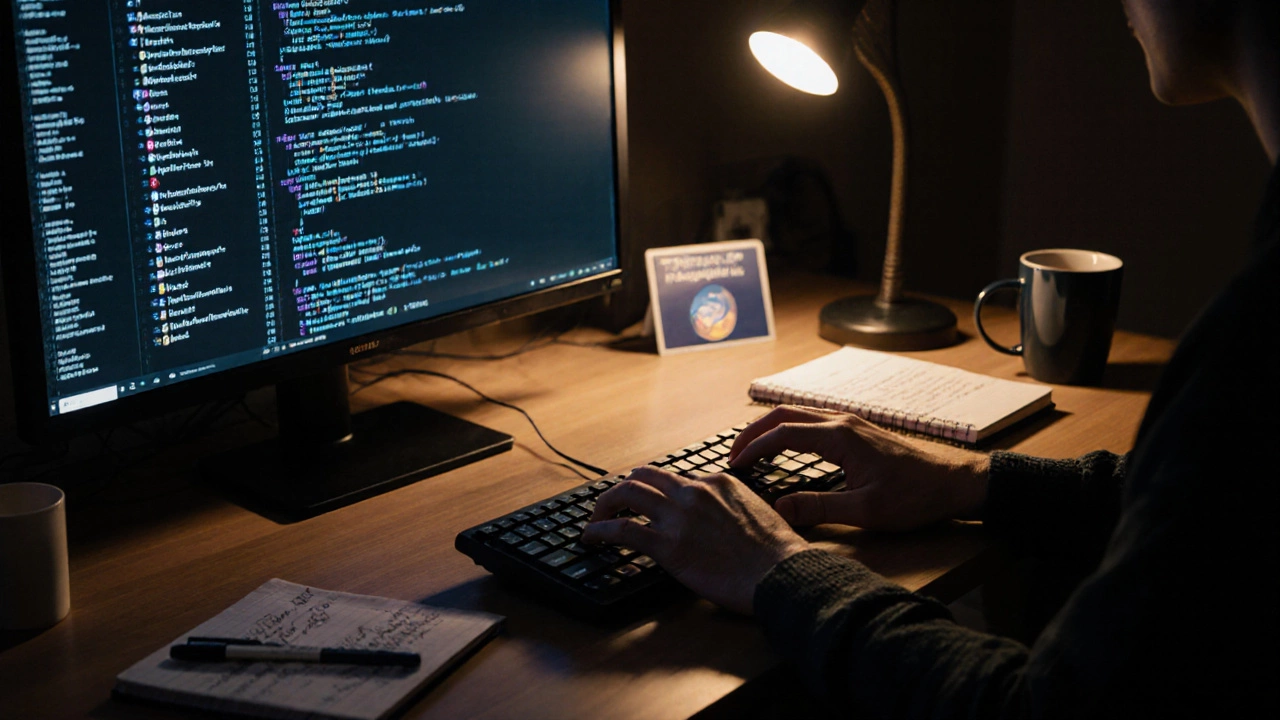 Hands typing code at night in a home office, glowing screens display AI and cybersecurity learning platforms.