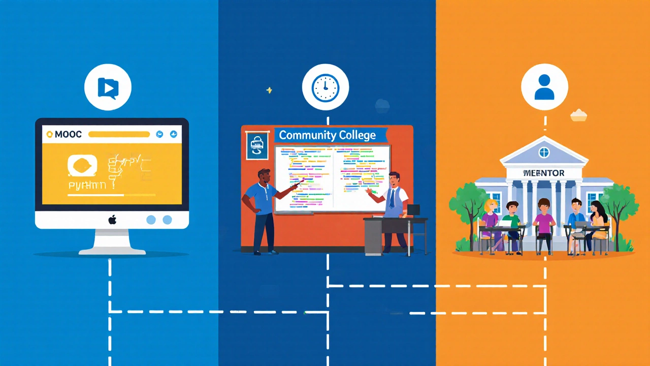 Illustrated timeline comparing MOOC, bootcamp, and college Python paths.