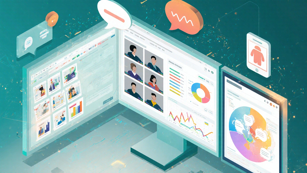 Isometric dashboard showing content repository, LMS, chat, analytics, and mobile icons.