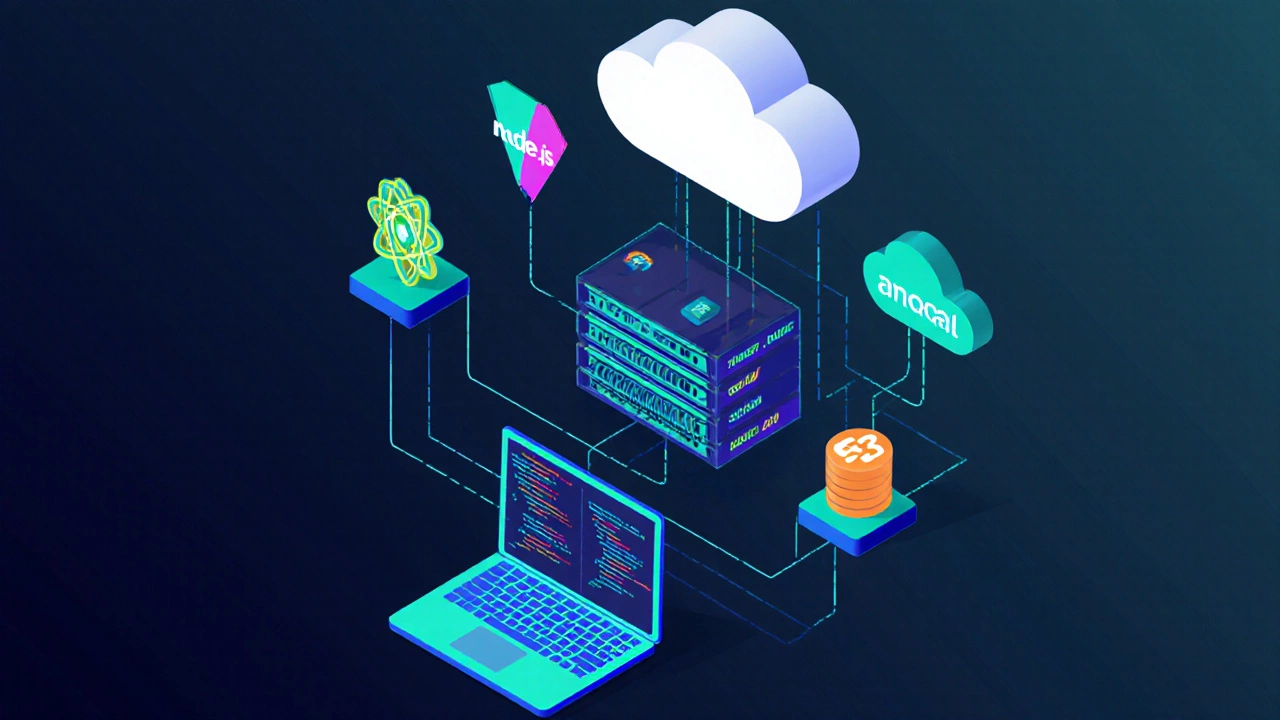 Isometric diagram of tech stack icons for front‑end, back‑end, database, and cloud services.