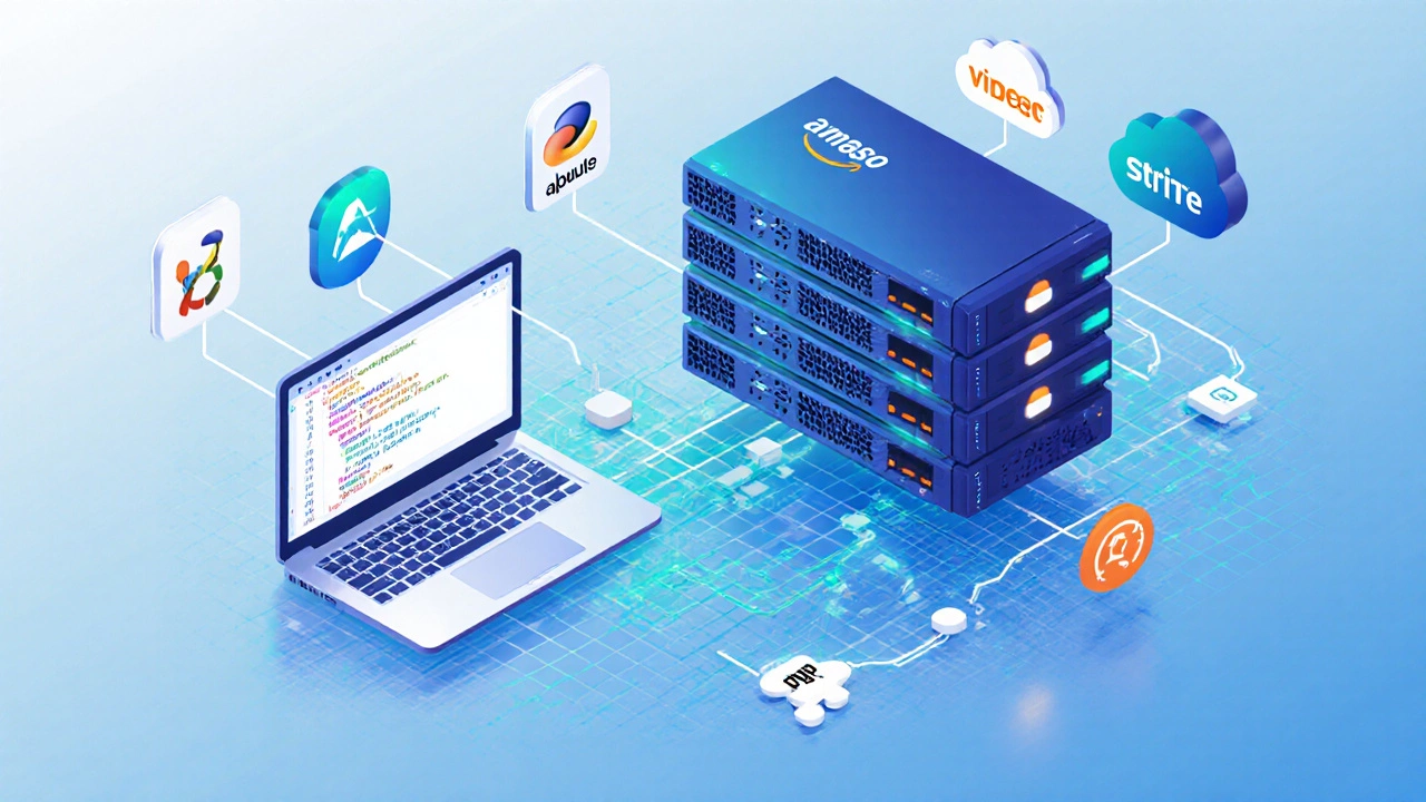 Isometric illustration of cloud servers and software icons for LMS setup.