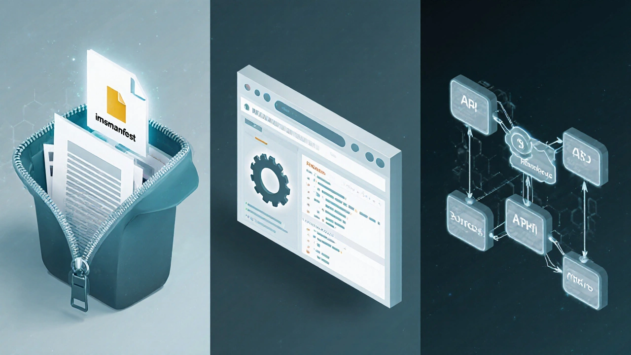 Isometric view of a zip folder, browser API console, and sequencing flowchart illustrating SCORM components.