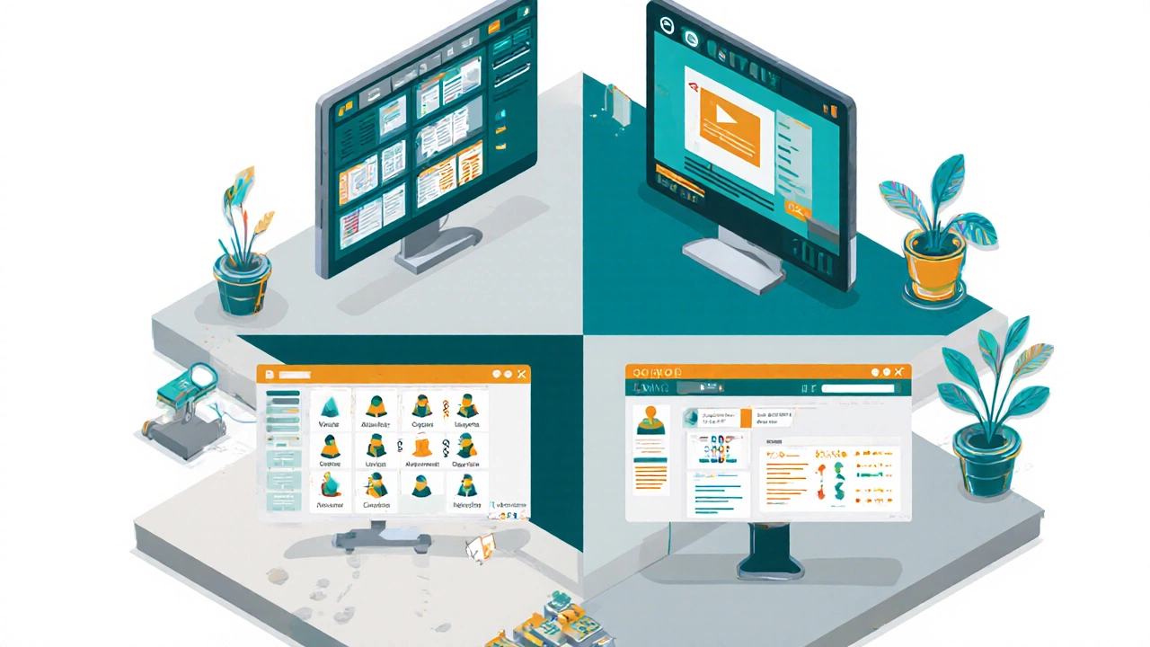 Isometric view of authoring tools, video streaming, assessments, and LMS admin panels connected together.