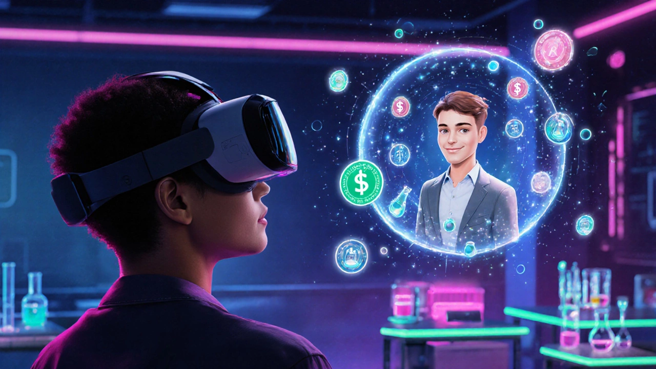 Learner in AR headset with AI tutor, micro‑credential badges, and VR lab simulation.