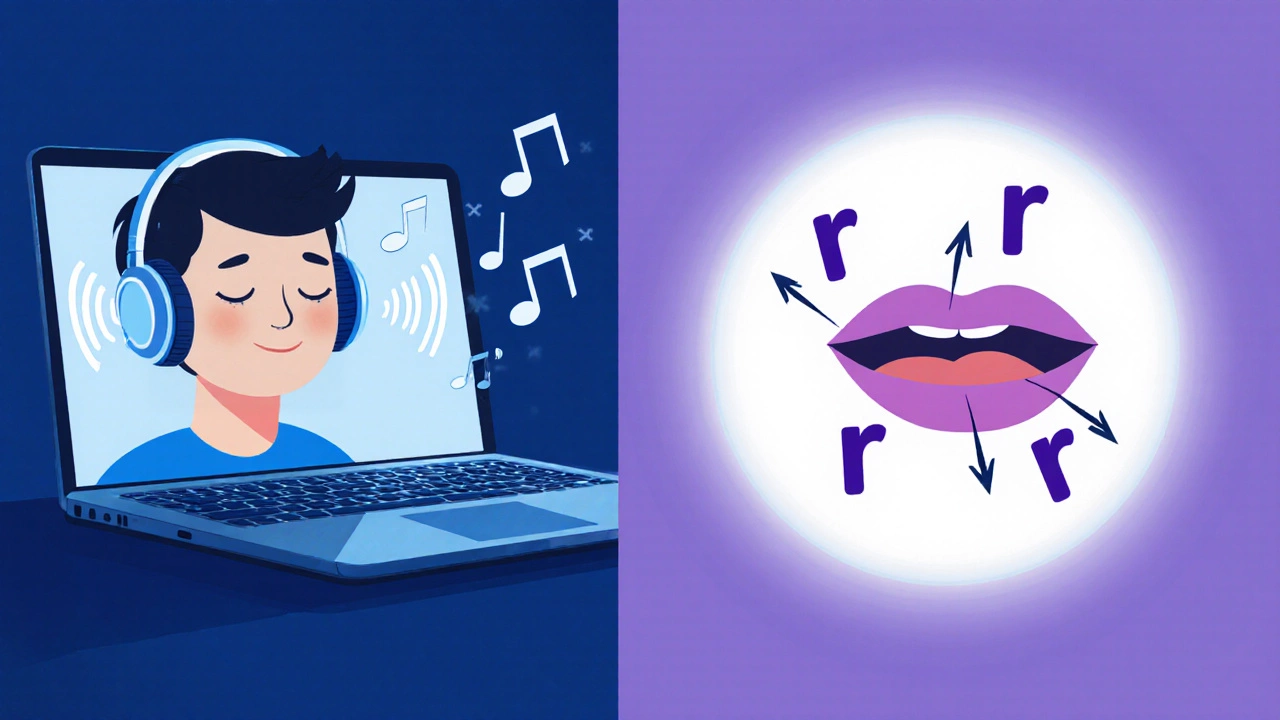 Learner practicing pronunciation with headphones and a mouth diagram.