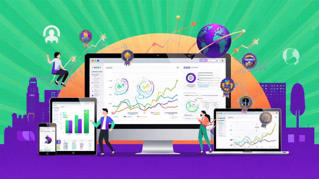 Learners using devices with progress bars and badges, showing growth.