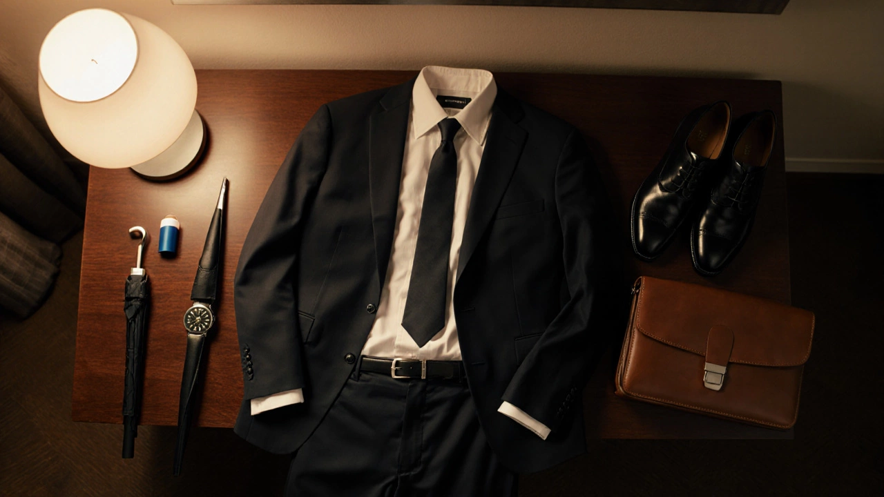 Neatly arranged interview outfit on a table with polished shoes, lint roller, umbrella and watch.