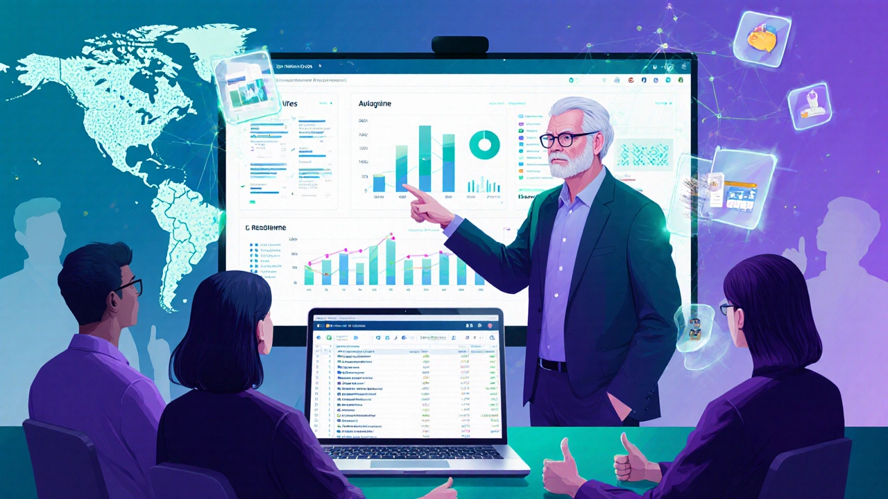 Older professional showing a Python dashboard in a remote video meeting.