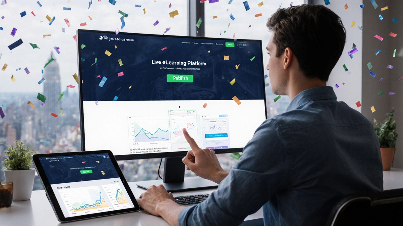 Person clicking publish on a monitor, with confetti and analytics charts indicating a live launch.