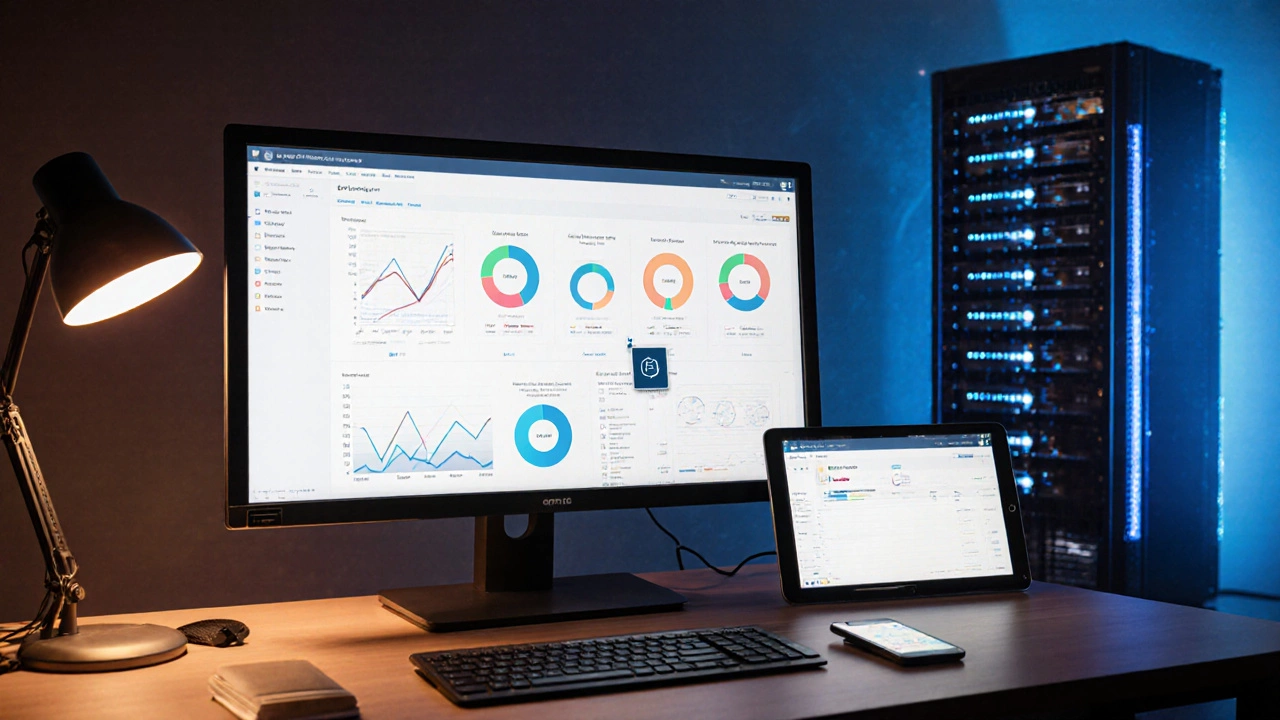 Photorealistic workspace with monitors showing LMS dashboard, SCORM upload, and mobile app for advanced tracking.