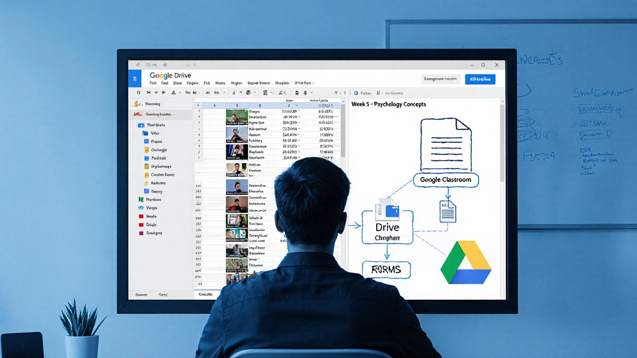 Professor analyzing student quiz data from Google Sheets with video files in Drive.