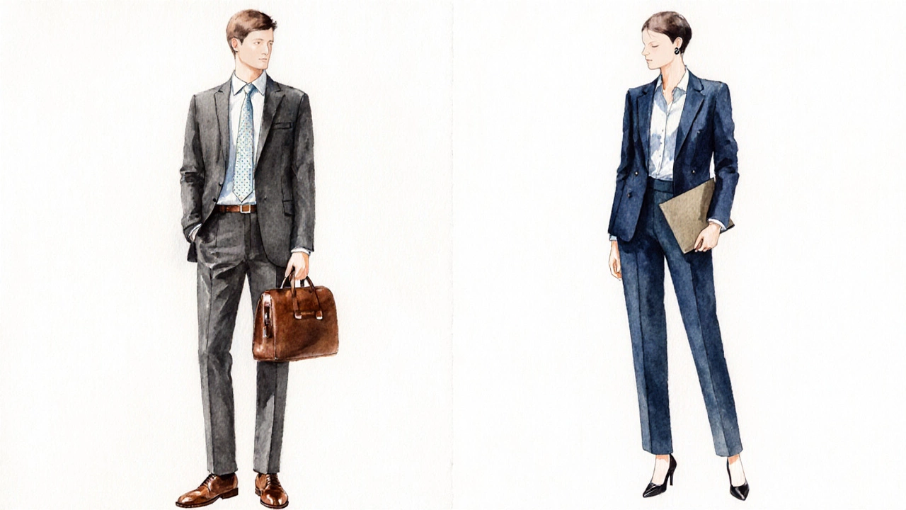 Side‑by‑side view of a man’s formal suit and a woman’s tailored blazer outfit displayed as fashion mannequins.