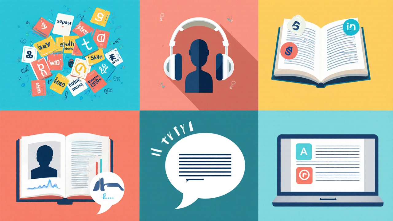 Six-panel illustration showing flashcards, grammar book, headphones, speaking bubble, e‑book, and typed paragraph.