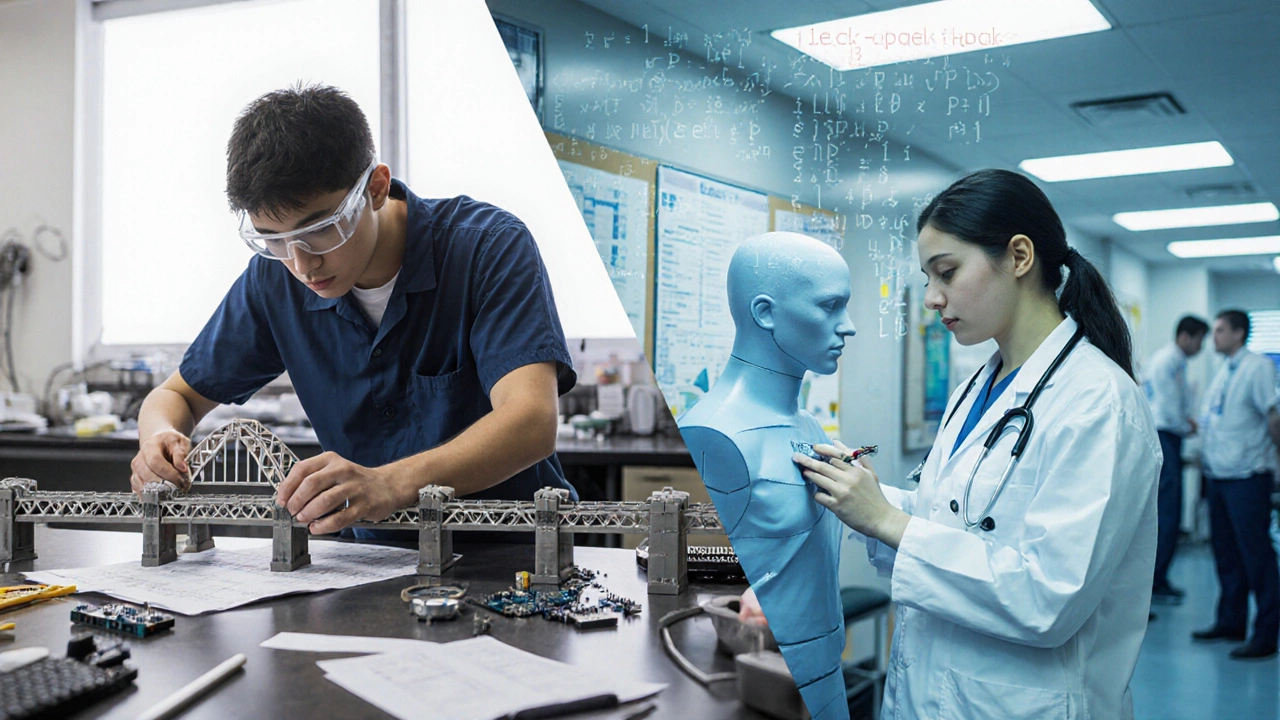 Split view of an engineering lab with a bridge model and a medical ward with a student in a white coat.