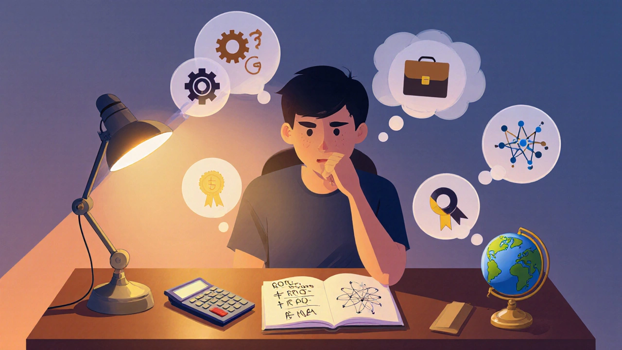 Student at desk calculating ROI, surrounded by thought bubbles of industry, globe, network, and scholarship.