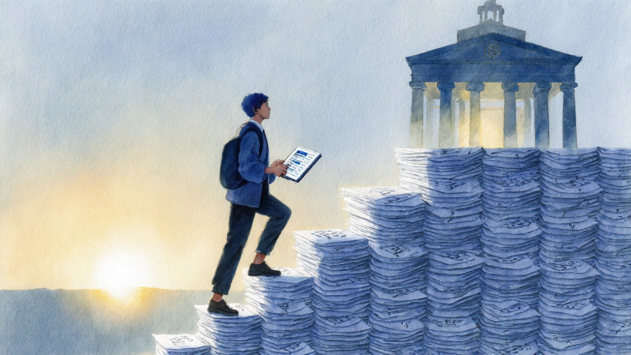 Student climbing stairs of mock test papers toward a glowing medical college.