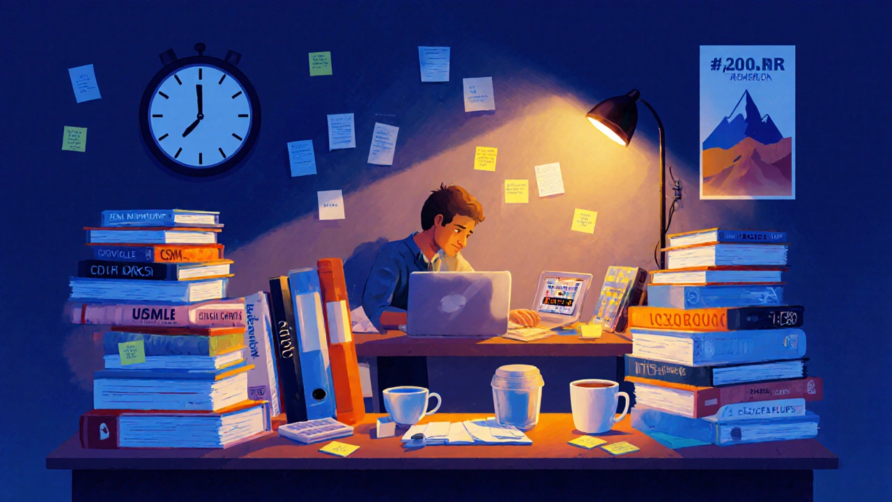 Student studying late at night surrounded by books and notes for various tough professional exams.