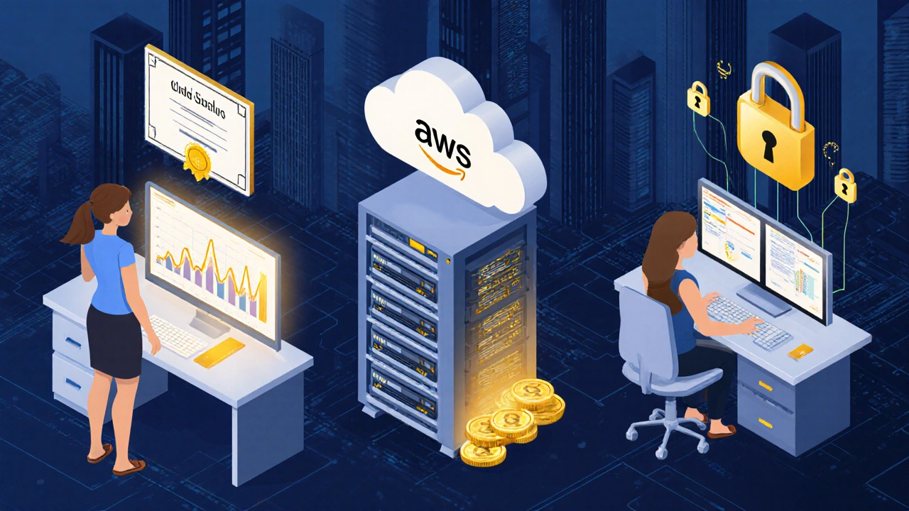 Three professionals—data analyst, cloud architect, cybersecurity analyst—displaying career success.