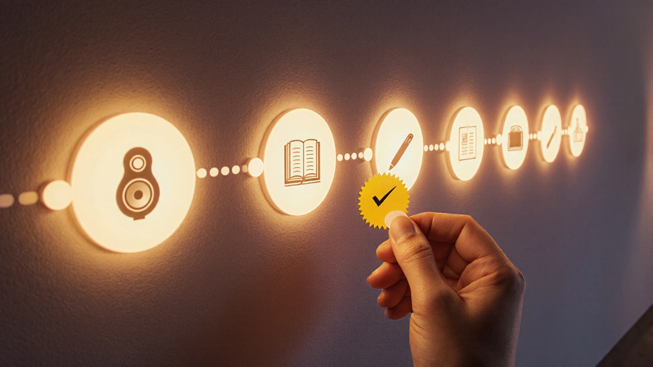 Wall mural with glowing circles linked on a timeline, hand adding a sticker to mark progress.