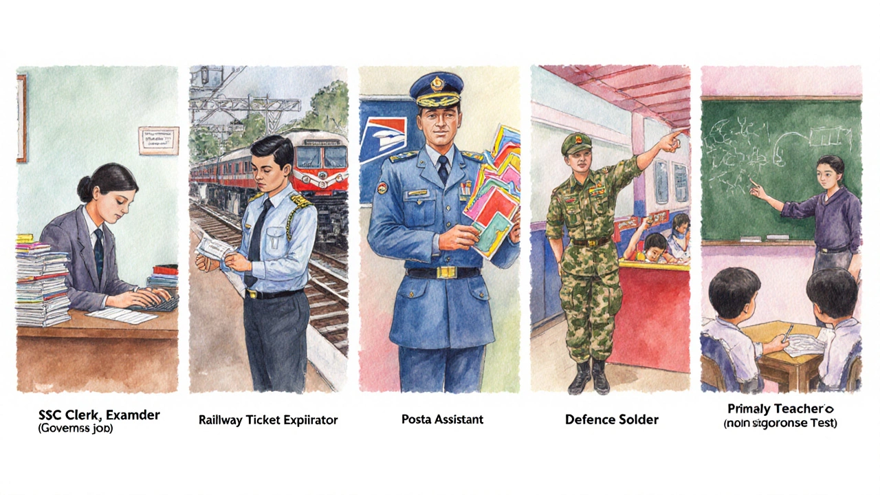 Watercolor panels showing clerk, ticket checker, postal assistant, soldier, and teacher roles.