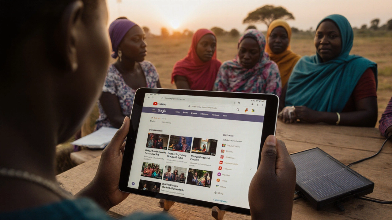 Women in rural Kenya learning from a Google Site on a tablet with solar charger.