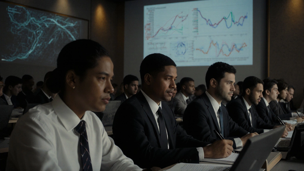 Candidates taking the CFA Level III exam in a quiet hall, focused on complex financial essays.